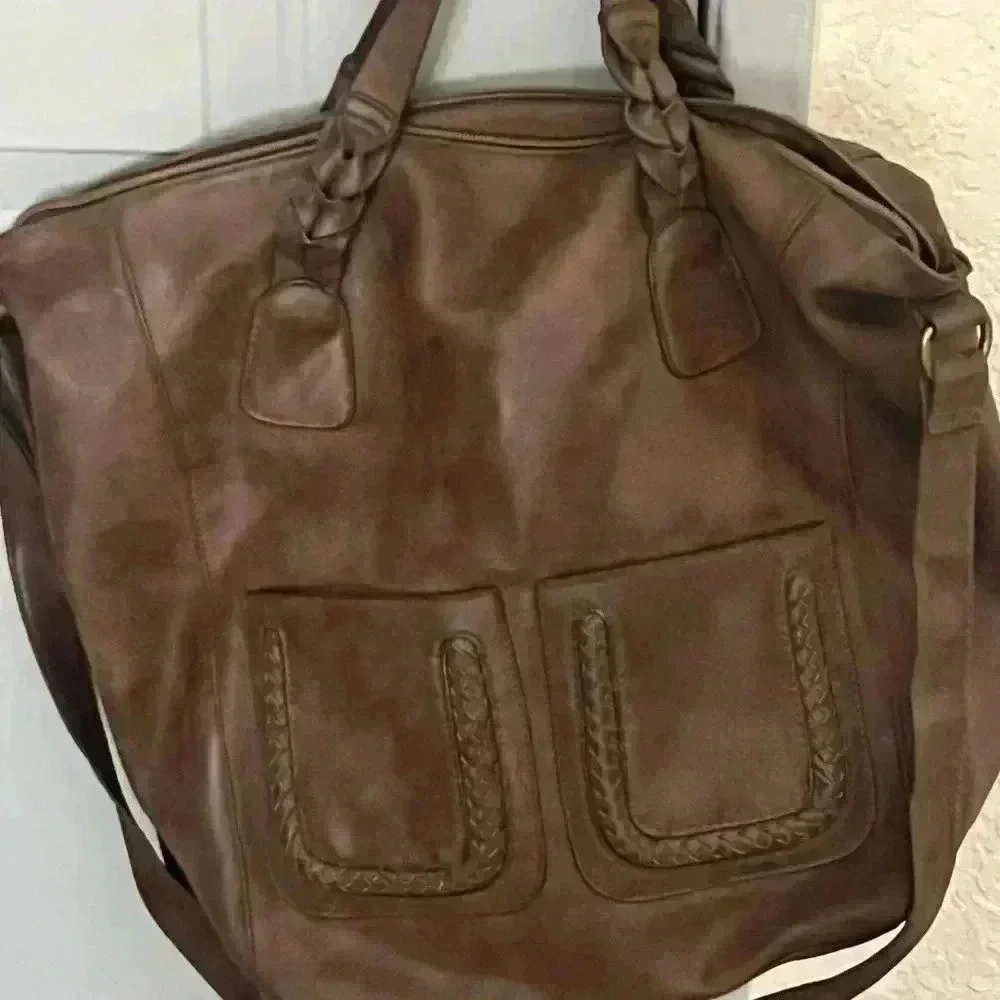Distressed faux leather, cross body satchel with braided inlay